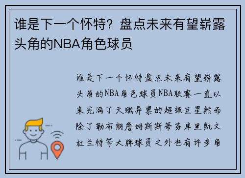 谁是下一个怀特？盘点未来有望崭露头角的NBA角色球员